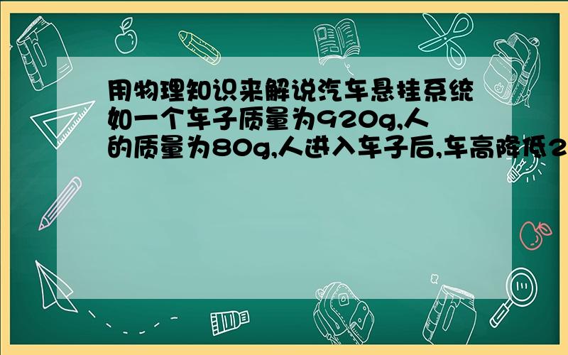 用物理知识来解说汽车悬挂系统如一个车子质量为920g,人的质量为80g,人进入车子后,车高降低2.0cm,车子经过一系列相同间隔的小丘,在车速为某一速度时振幅会最大,如果此时车速是15m/s,问小丘