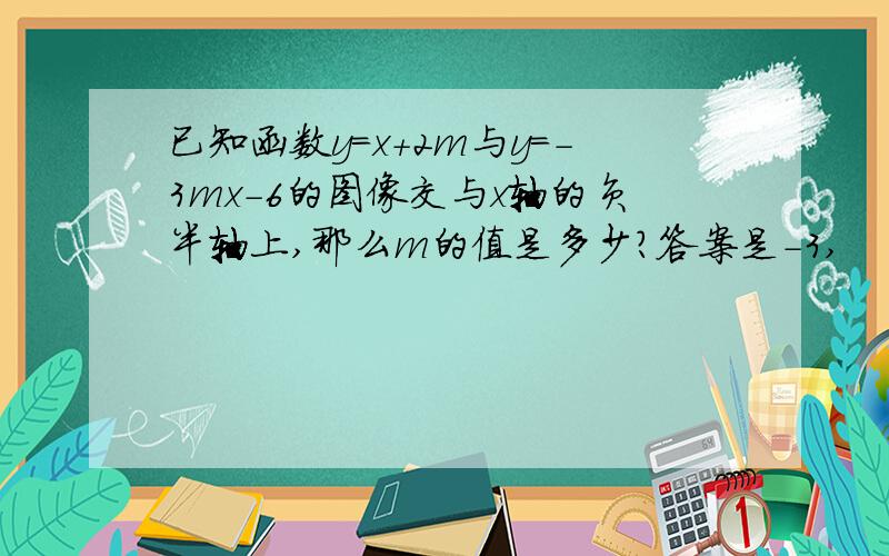 已知函数y=x+2m与y=-3mx-6的图像交与x轴的负半轴上,那么m的值是多少?答案是-3,