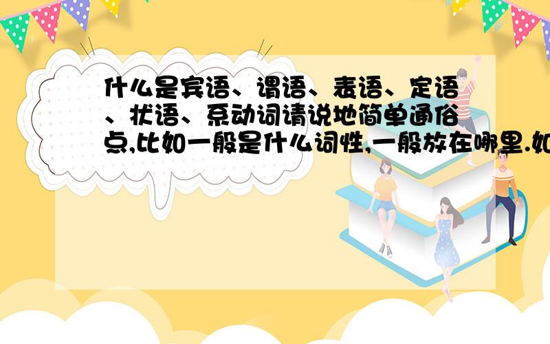 什么是宾语、谓语、表语、定语、状语、系动词请说地简单通俗点,比如一般是什么词性,一般放在哪里.如果在解释时出现了别的什么语,最好也一起讲下,