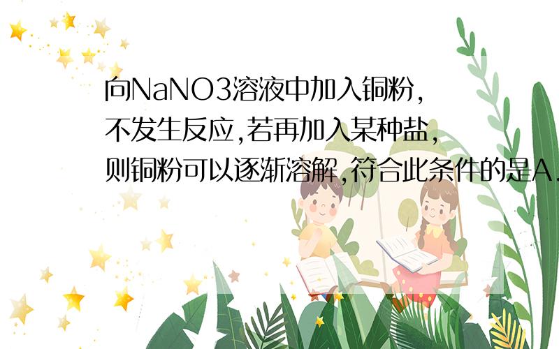 向NaNO3溶液中加入铜粉,不发生反应,若再加入某种盐,则铜粉可以逐渐溶解,符合此条件的是A.Fe(NO)3 B.ZnSO4C.NaHCO3 D.NaCl why