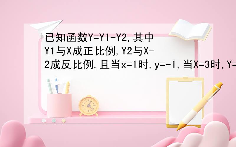 已知函数Y=Y1-Y2,其中Y1与X成正比例,Y2与X-2成反比例,且当x=1时,y=-1,当X=3时,Y=5.求y与x的函数关系注意哈 是当X=1,Y=-1!