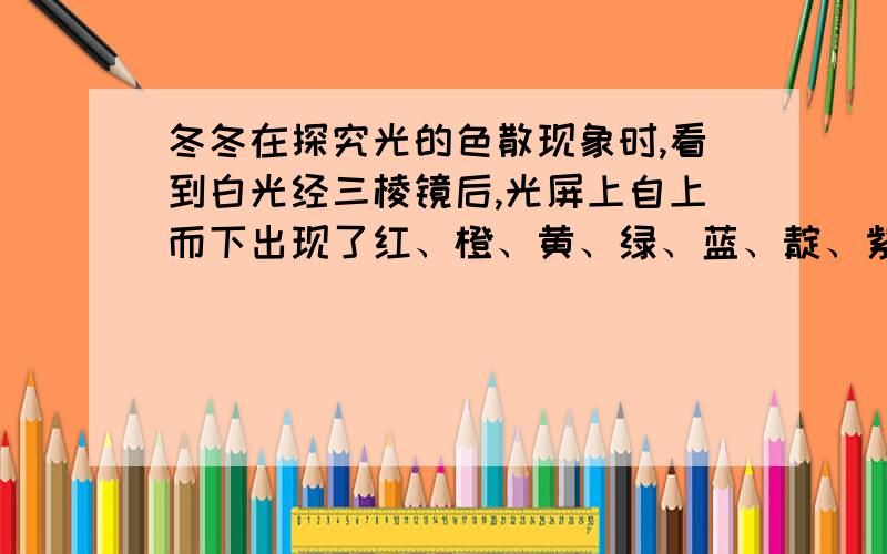 冬冬在探究光的色散现象时,看到白光经三棱镜后,光屏上自上而下出现了红、橙、黄、绿、蓝、靛、紫的色带,冬冬对产生的原因进行了思考.受此启发,在测量凸透镜的焦距时,冬冬想：如果分