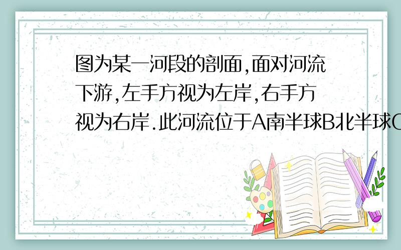 图为某一河段的剖面,面对河流下游,左手方视为左岸,右手方视为右岸.此河流位于A南半球B北半球C赤道上D回归线上