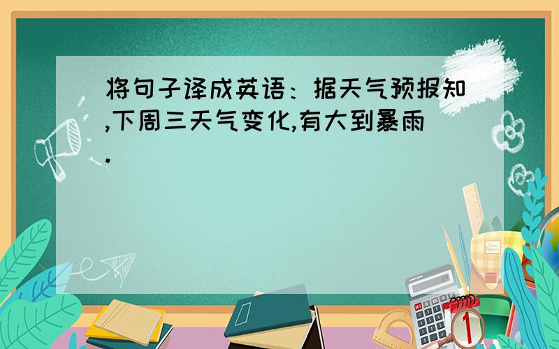 将句子译成英语：据天气预报知,下周三天气变化,有大到暴雨.