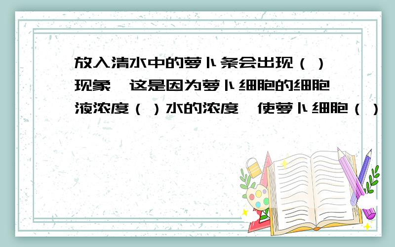 放入清水中的萝卜条会出现（）现象,这是因为萝卜细胞的细胞液浓度（）水的浓度,使萝卜细胞（）