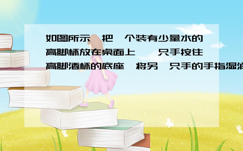 如图所示,把一个装有少量水的高脚杯放在桌面上,一只手按住高脚酒杯的底座,将另一只手的手指湿润后沿着边缘摩擦（手指不要脱离杯口）,使其发出声音.试一试,当高脚酒杯中的水量变化时,