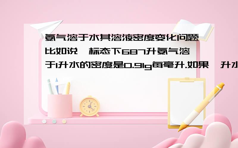 氨气溶于水其溶液密度变化问题比如说,标态下687升氨气溶于1升水的密度是0.91g每毫升.如果一升水中溶解100升氨气,其水溶液密度会大于0.91g每毫升还是小于?应该是溶解越多溶液密度越大吧?还