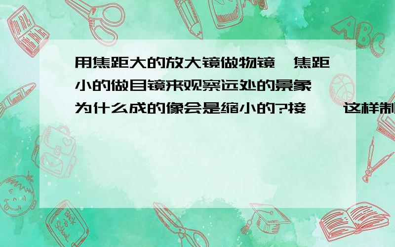 用焦距大的放大镜做物镜,焦距小的做目镜来观察远处的景象,为什么成的像会是缩小的?接↑,这样制作的原理不是和望远镜的原理一样的吗,为什么望远镜最终成的像会是放大的,而自制的却是