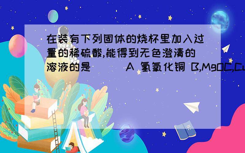 在装有下列固体的烧杯里加入过量的稀硫酸,能得到无色澄清的溶液的是( ) A 氢氧化铜 B,MgOC,CuO D,BaCl2（3）若想测出该盐酸的质量分数，你认为实验时必须提供和测出的数据是_________（选填序