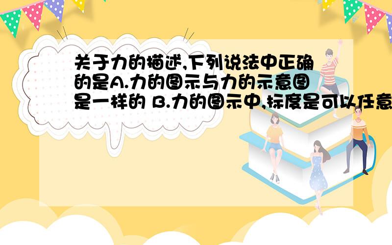 关于力的描述,下列说法中正确的是A.力的图示与力的示意图是一样的 B.力的图示中,标度是可以任意选择的C.画同一个物体受几个力的图示时,标度应相同D.以上说法都正确