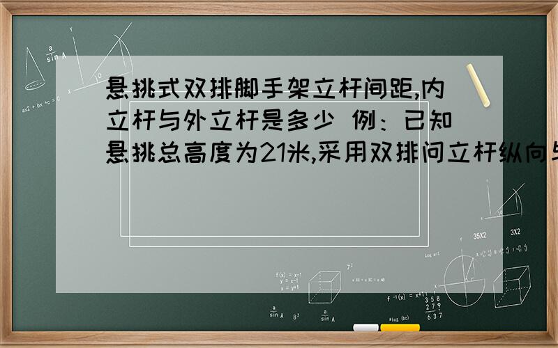 悬挑式双排脚手架立杆间距,内立杆与外立杆是多少 例：已知悬挑总高度为21米,采用双排问立杆纵向与横向间距该搭设多少间距合适,另：要是这样还算不了,请问还要哪些条件才能算得出来