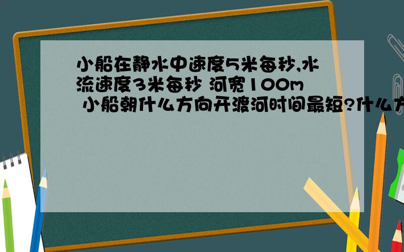 小船在静水中速度5米每秒,水流速度3米每秒 河宽100m 小船朝什么方向开渡河时间最短?什么方向路程最短?