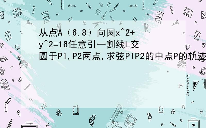 从点A（6,8）向圆x^2+y^2=16任意引一割线L交圆于P1,P2两点,求弦P1P2的中点P的轨迹.