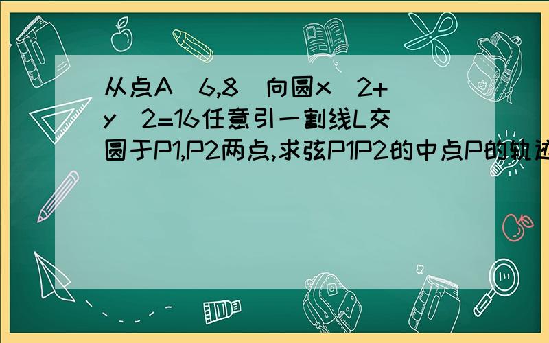 从点A（6,8）向圆x^2+y^2=16任意引一割线L交圆于P1,P2两点,求弦P1P2的中点P的轨迹 （这题我已经算出轨迹方程但是x的范围我算不出.用设斜率来算的话斜率是个很大的带根号的分数