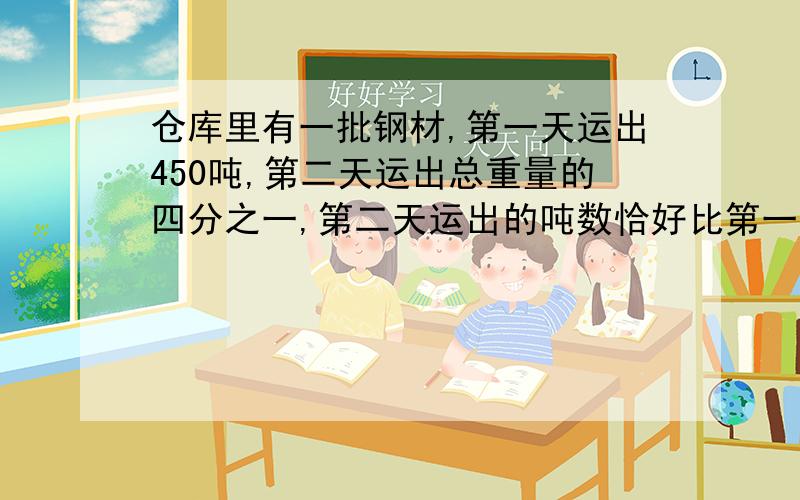 仓库里有一批钢材,第一天运出450吨,第二天运出总重量的四分之一,第二天运出的吨数恰好比第一天多百...仓库里有一批钢材,第一天运出450吨,第二天运出总重量的四分之一,第二天运出的吨数