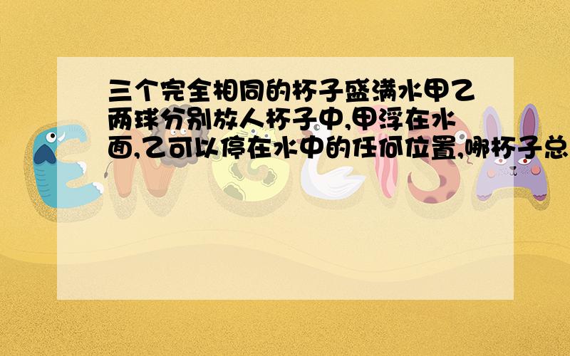 三个完全相同的杯子盛满水甲乙两球分别放人杯子中,甲浮在水面,乙可以停在水中的任何位置,哪杯子总重量急,要讲解的.