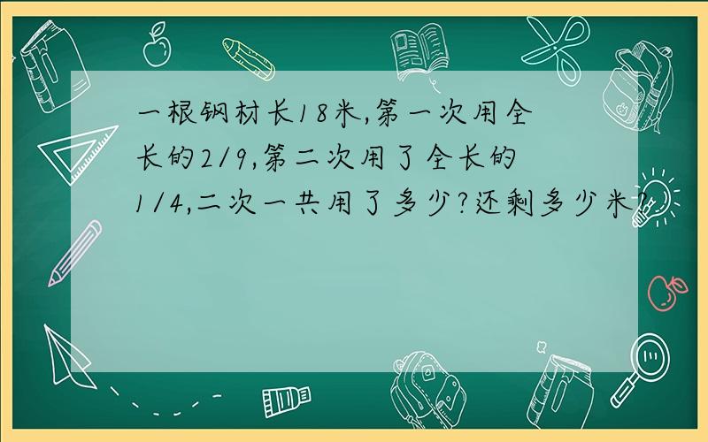 一根钢材长18米,第一次用全长的2/9,第二次用了全长的1/4,二次一共用了多少?还剩多少米?