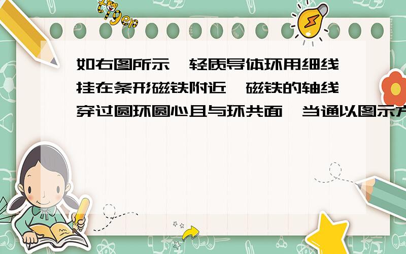 如右图所示,轻质导体环用细线挂在条形磁铁附近,磁铁的轴线穿过圆环圆心且与环共面,当通以图示方向电流时,导体环将A.不发生转动,同时靠近磁铁B.不发生转动,同时离开磁铁 C.发生转动,同