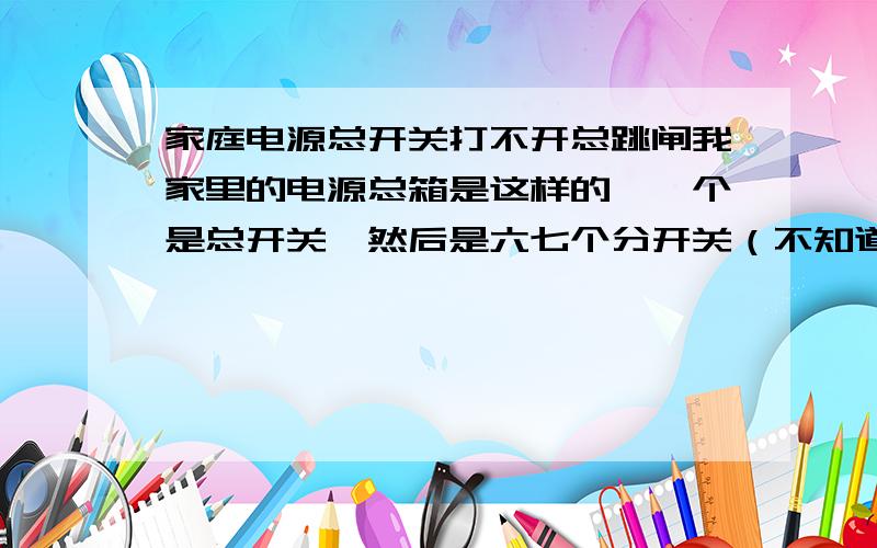 家庭电源总开关打不开总跳闸我家里的电源总箱是这样的,一个是总开关,然后是六七个分开关（不知道用专业术语怎么说）,最后一个长的有点奇怪,估计是短路的时候断电用的吧.现在的问题