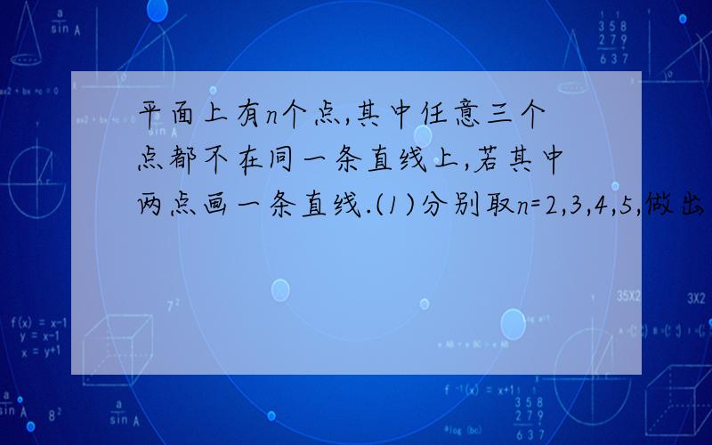 平面上有n个点,其中任意三个点都不在同一条直线上,若其中两点画一条直线.(1)分别取n=2,3,4,5,做出满足条件的直线;(2)根据（1）的结论,猜想n个点时,共可以画多少条直线?