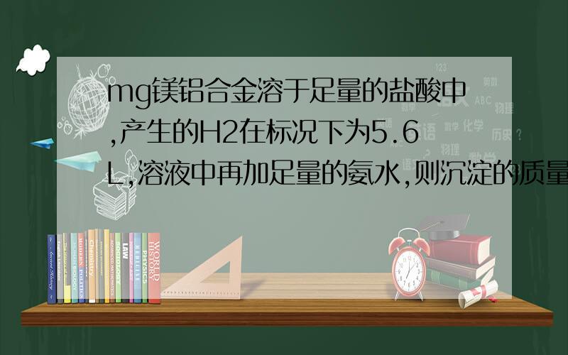 mg镁铝合金溶于足量的盐酸中,产生的H2在标况下为5.6L,溶液中再加足量的氨水,则沉淀的质量为