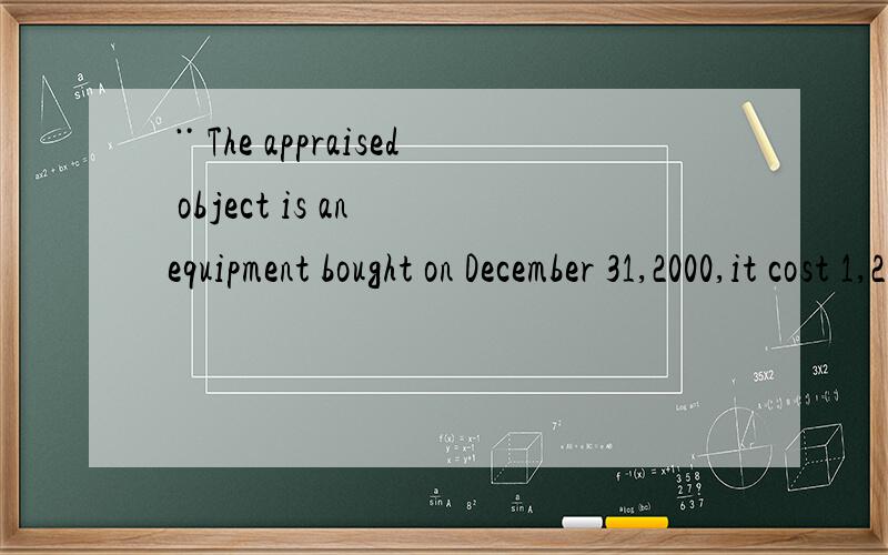 ¨The appraised object is an equipment bought on December 31,2000,it cost 1,200,000 Yuan;¨The production capacity of appraised equipment：1,000,000 per year,and the designed life:10 years;¨The equipment has not been installed operated,it is nearly