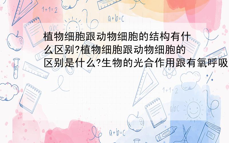 植物细胞跟动物细胞的结构有什么区别?植物细胞跟动物细胞的区别是什么?生物的光合作用跟有氧呼吸,无氧呼吸的场所分别是在哪里?细胞的被动运输是自由扩散跟协助扩散,它的浓度是由高