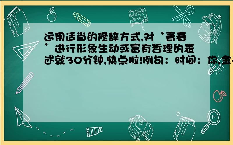 运用适当的修辞方式,对‘青春’进行形象生动或富有哲理的表述就30分钟,快点啦!例句：时间：你,金子一般的珍贵,流水一样的无情,时间的金字塔需要智慧的沙石浇灌