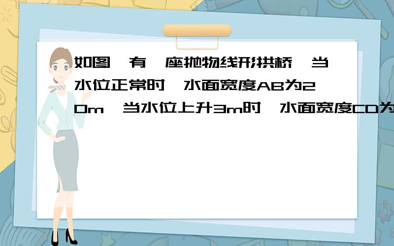 如图,有一座抛物线形拱桥,当水位正常时,水面宽度AB为20m,当水位上升3m时,水面宽度CD为10m求:1.在图示的平面直角坐标系中,求此抛物线的解析式；2.若洪水到来,水位以0.2m/h的速度上升,从正常水