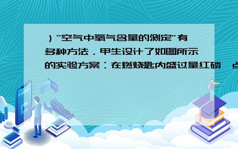 ）“空气中氧气含量的测定”有多种方法．甲生设计了如图所示的实验方案：在燃烧匙内盛过量红磷,点燃后立即插入集气瓶内,塞紧橡皮塞,待红磷火焰熄灭,集气瓶冷却至室温,打开铁夹,水注