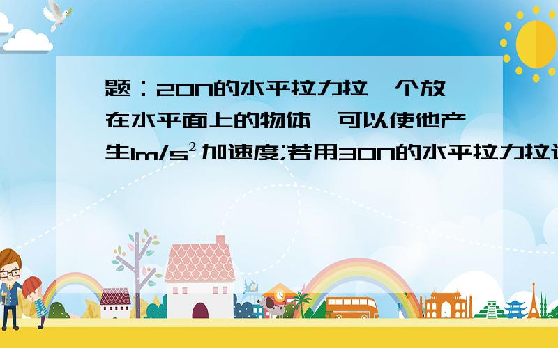 题：20N的水平拉力拉一个放在水平面上的物体,可以使他产生1m/s²加速度;若用30N的水平拉力拉这个物体,可以产生2m/s²的加速度.（1）如果用40N的水平拉力拉这个物体,产生的加速度大小