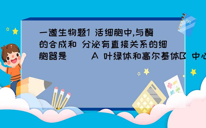 一道生物题1 活细胞中,与酶的合成和 分泌有直接关系的细胞器是（ ）A 叶绿体和高尔基体B 中心体和高尔基体C 核糖体,内质网和高尔基体D 高尔基体和溶酶体讲详细一点,谢谢