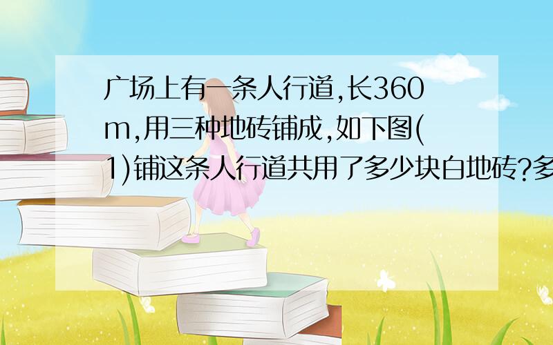 广场上有一条人行道,长360m,用三种地砖铺成,如下图(1)铺这条人行道共用了多少块白地砖?多少块蓝地砖?（2）黄地砖铺的总面积是多少平方米?还是这一题,我把图画清了,