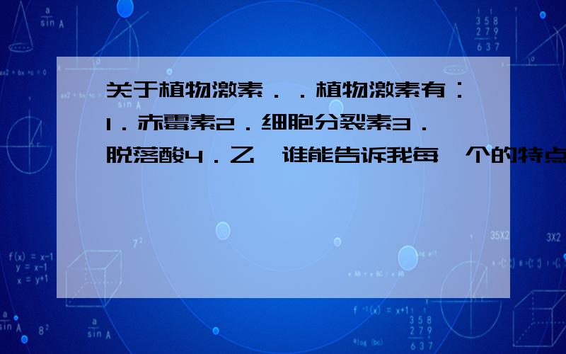 关于植物激素．．植物激素有：1．赤霉素2．细胞分裂素3．脱落酸4．乙烯谁能告诉我每一个的特点?