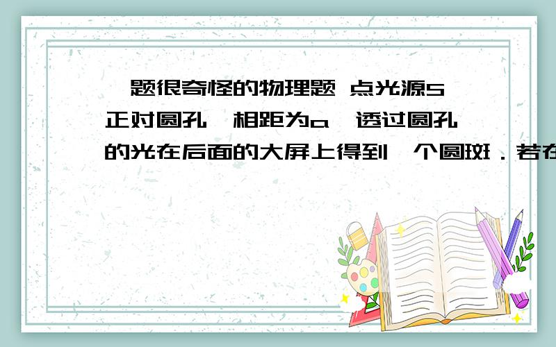 一题很奇怪的物理题 点光源S正对圆孔,相距为a,透过圆孔的光在后面的大屏上得到一个圆斑．若在孔上嵌上一凸透镜,则光屏上立刻出现一个清晰的亮点,则该透镜的焦距、圆孔与光屏之间的距