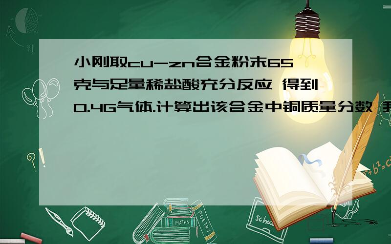 小刚取cu-zn合金粉末65克与足量稀盐酸充分反应 得到0.4G气体.计算出该合金中铜质量分数 我其他学科成绩很好 就是化学学不上路` 谢谢第一位朋友点播` 我算出来了` 80%没错吧`?