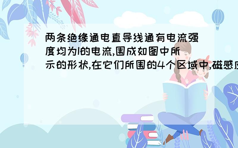 两条绝缘通电直导线通有电流强度均为I的电流,围成如图中所示的形状,在它们所围的4个区域中,磁感应强度等于零位置处在________区,磁感应强度垂直纸面向里且最大的位置处在_______区,磁感应