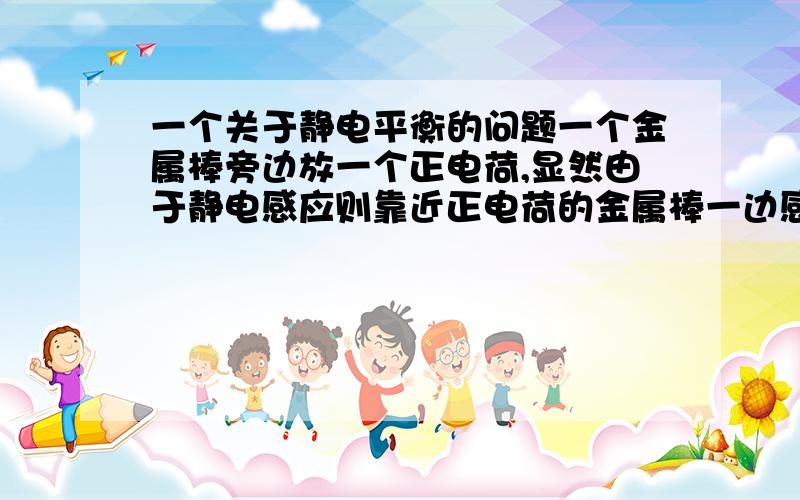 一个关于静电平衡的问题一个金属棒旁边放一个正电荷,显然由于静电感应则靠近正电荷的金属棒一边感应出负电荷,则另一边显正电.则最后会静电平衡,导体内电场强度为0.因为在外电荷电场