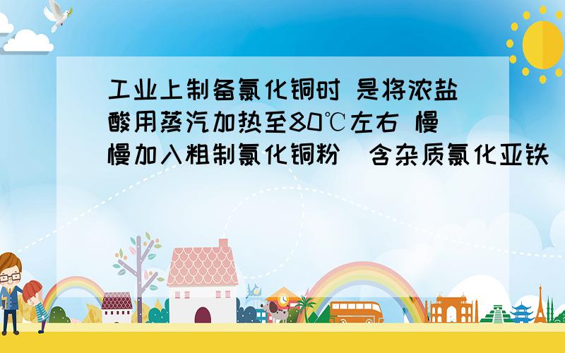 工业上制备氯化铜时 是将浓盐酸用蒸汽加热至80℃左右 慢慢加入粗制氯化铜粉（含杂质氯化亚铁）充分搅拌 使之溶解 反应如下CuO+2HCl=CuCl2+H2O FeO+2HCl=FeCl2+H2O已知 （这是一个表格） 离子