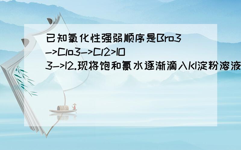 已知氧化性强弱顺序是Bro3->Clo3->Cl2>IO3->I2.现将饱和氯水逐渐滴入KI淀粉溶液中（1）可观察到的现象是：A B（2）写出有关反应化学方程式A B有两个现象两个化学方程式