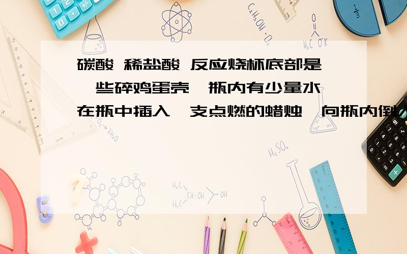 碳酸 稀盐酸 反应烧杯底部是一些碎鸡蛋壳,瓶内有少量水,在瓶中插入一支点燃的蜡烛,向瓶内倒入稀盐酸会有什么现象,得出CO2的什么性质.根据这一性质有何用途