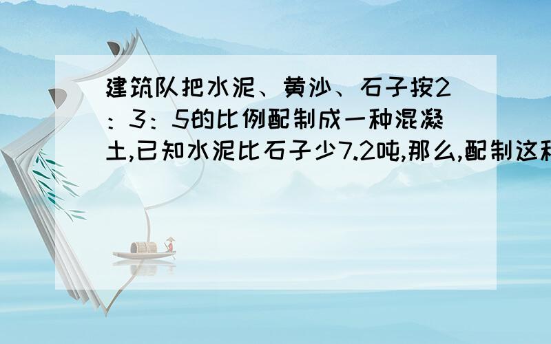 建筑队把水泥、黄沙、石子按2：3：5的比例配制成一种混凝土,已知水泥比石子少7.2吨,那么,配制这种混凝土一共需要用材料多少吨?要小学化