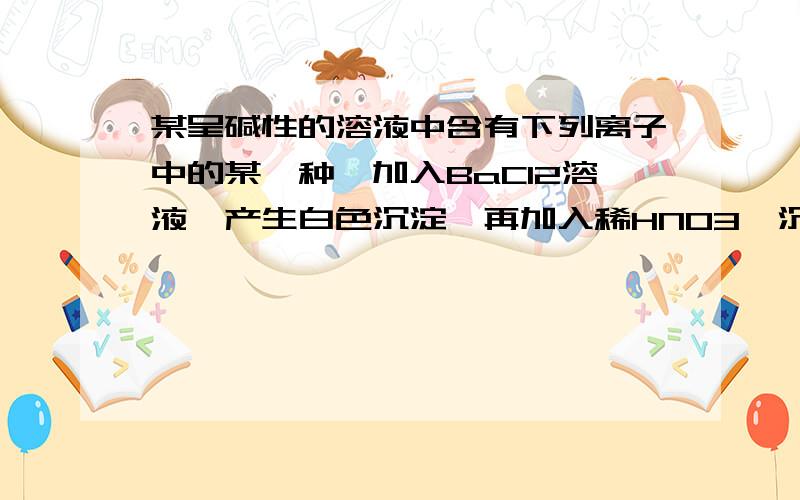 某呈碱性的溶液中含有下列离子中的某一种,加入BaCl2溶液,产生白色沉淀,再加入稀HNO3,沉淀不消失则该溶液中存在的离子可能是A.Ag+ B.亚硫酸根 C.碳酸根 D.硫酸根