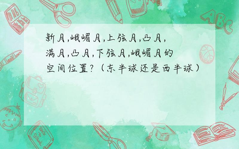 新月,峨嵋月,上弦月,凸月,满月,凸月,下弦月,峨嵋月的空间位置?（东半球还是西半球）