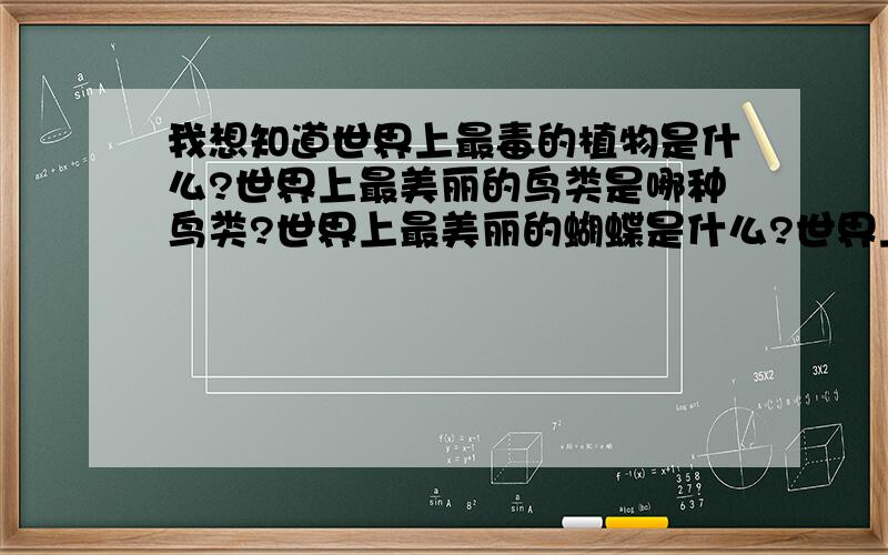 我想知道世界上最毒的植物是什么?世界上最美丽的鸟类是哪种鸟类?世界上最美丽的蝴蝶是什么?世界上最...我想知道世界上最毒的植物是什么?世界上最美丽的鸟类是哪种鸟类?世界上最美丽