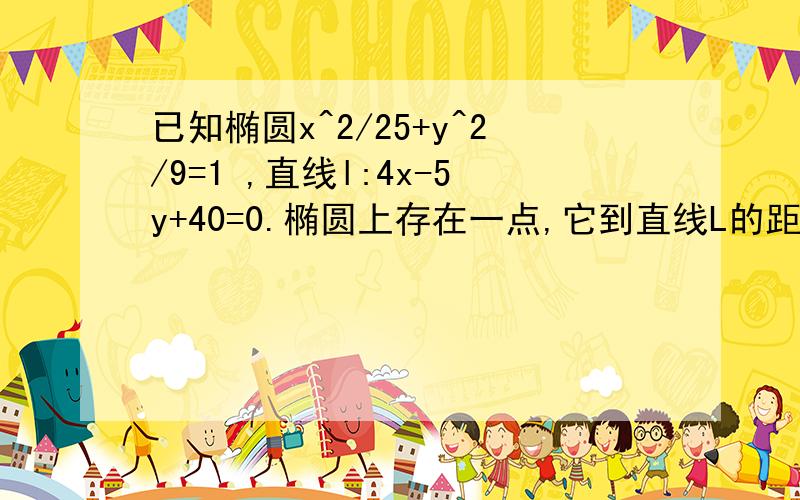 已知椭圆x^2/25+y^2/9=1 ,直线l:4x-5y+40=0.椭圆上存在一点,它到直线L的距离最小?最小距离是多少?