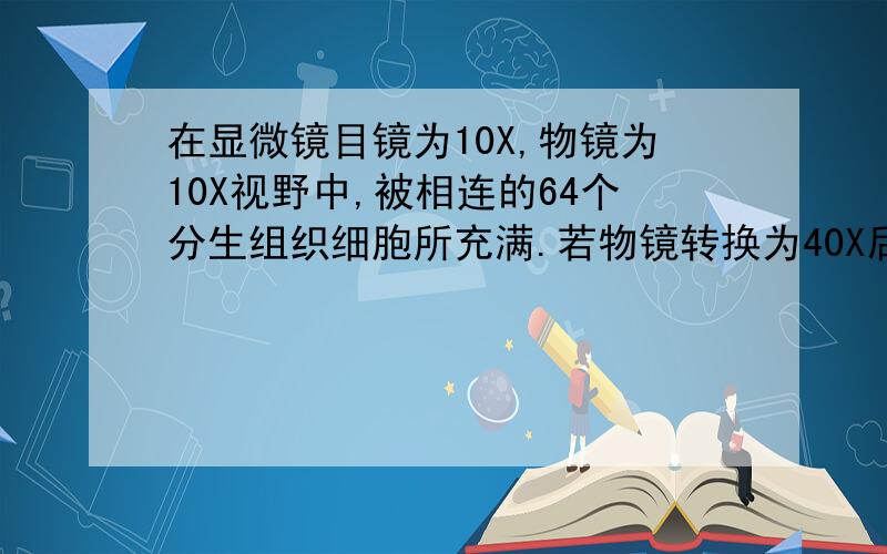 在显微镜目镜为10X,物镜为10X视野中,被相连的64个分生组织细胞所充满.若物镜转换为40X后,在视野中可检测到的分生组织细胞数为