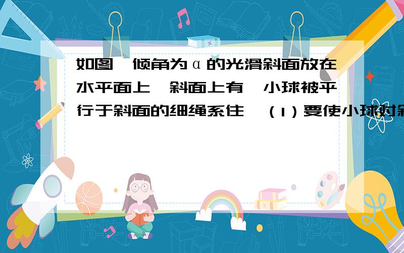 如图,倾角为α的光滑斜面放在水平面上,斜面上有一小球被平行于斜面的细绳系住,（1）要使小球对斜面无压力,求斜面运动的加速度的范围,并说明其方向.（2）要使小球对细绳无拉力,求斜面