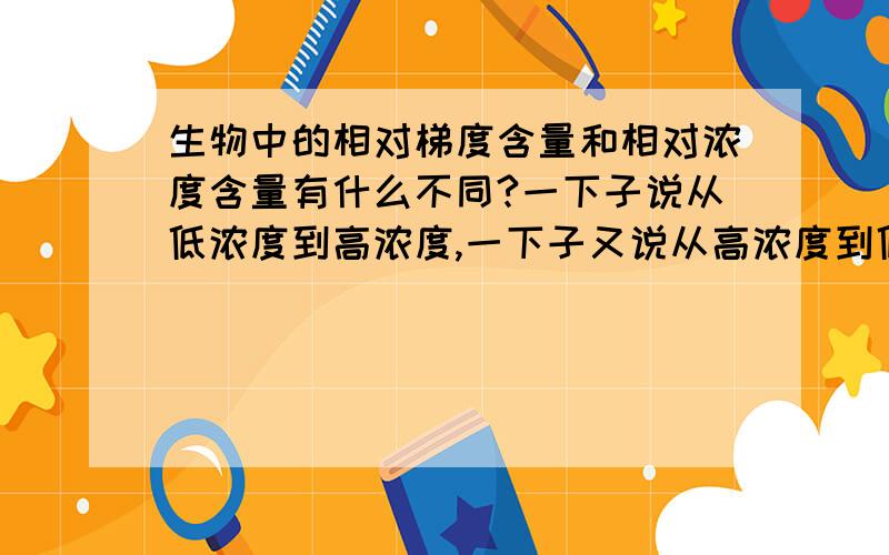 生物中的相对梯度含量和相对浓度含量有什么不同?一下子说从低浓度到高浓度,一下子又说从高浓度到低浓度,而且水分子不是没有浓度的吗,怎么可以这样一种说法啊!