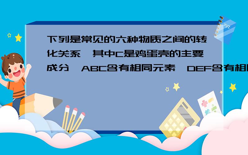 下列是常见的六种物质之间的转化关系,其中C是鸡蛋壳的主要成分,ABC含有相同元素,DEF含有相同元素,E是黑色E是黑色固体.（1）写出CDEF的化学方程式 （2）写出C→D,D→C的化学方程式（2）写出E